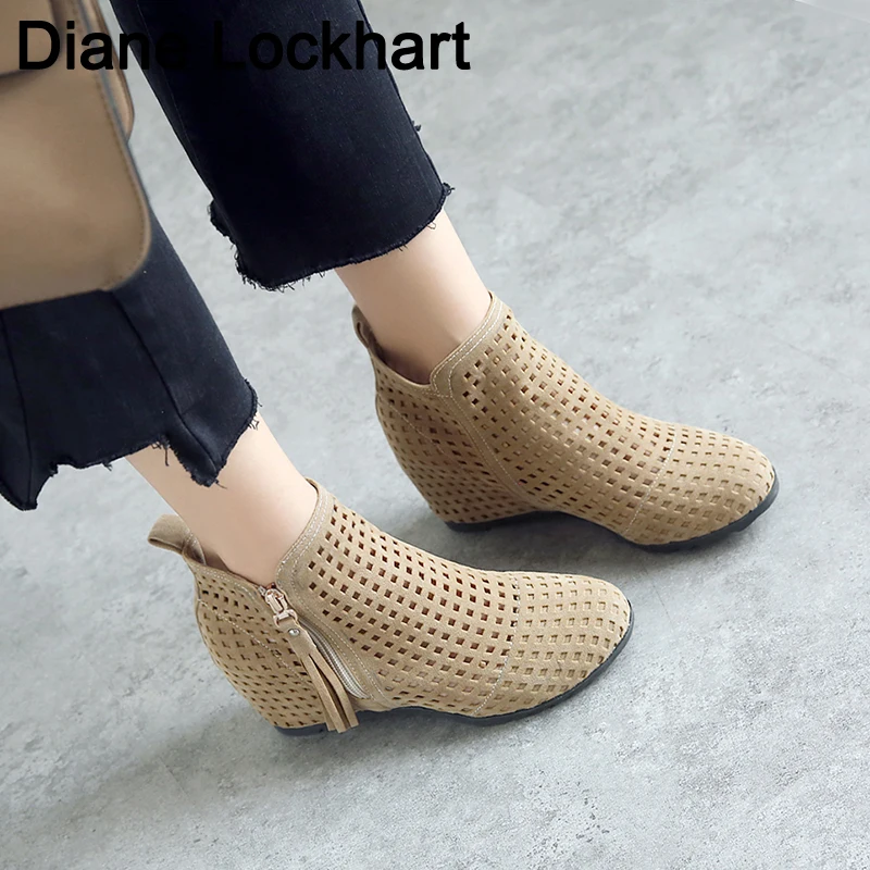 

New Autumn Women's Summer Boots Flat Low Hidden Heel Cutout Boots Ladies Dress Casual Shoes Hot sale Cute Flock Wedges Dropship