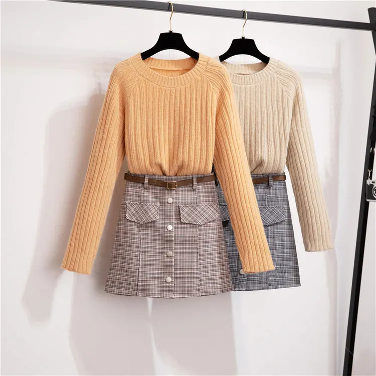 

Pullovers loose knit new short skirt pullover sweater outside 2020 grid skirt women suit spring autumn outfit fall winter style