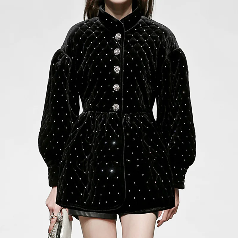 

Korean Fashion Crystal Jackets for Women 2022 Autumn Winter Lothes Thicking Mediul Long Parkas Mujer Black Velvet Coat Femme
