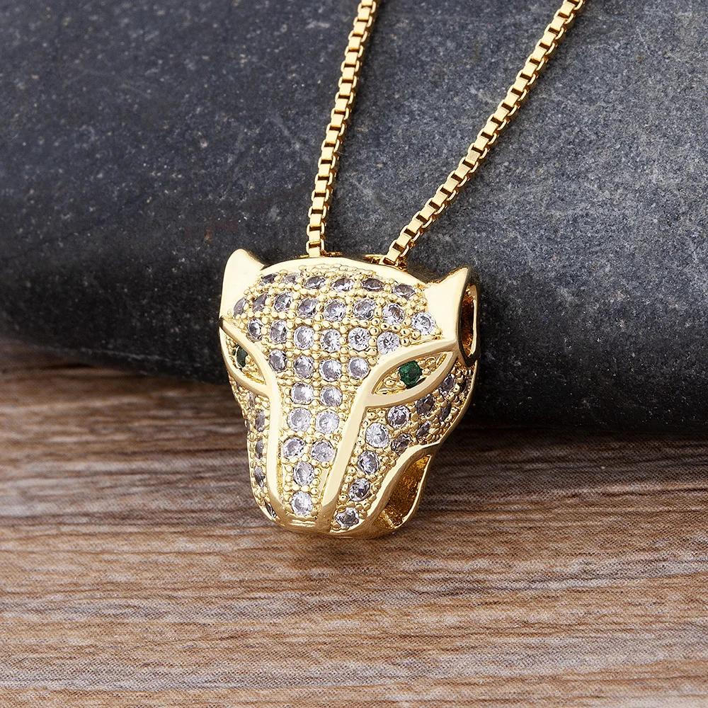 

New Classic High Quality Cubic Zirconia Copper Metal Animal Leopard Heard Pendant Gold Color Women Fashion Chain Necklace Gift