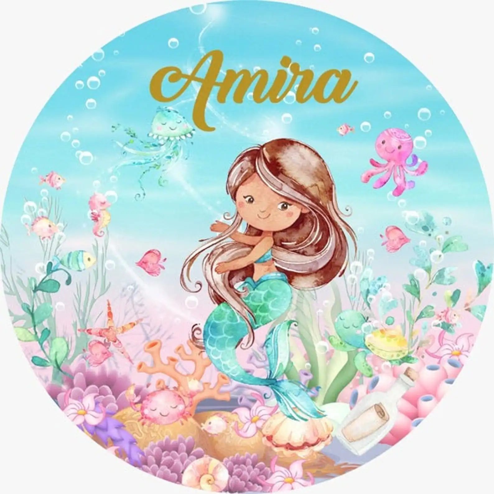 

Mermaid Tail Marine Birthday Round Fabric Backdrop Banners Photography Custom Newborn 1 Year Background Stand Party Decor