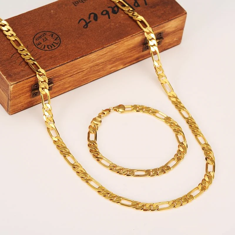 

Fashion Solid 18K Gold Men's or Women's Trendy Bracelet 21cm 60cm Necklace Set Figaro Chain Watch Link Set
