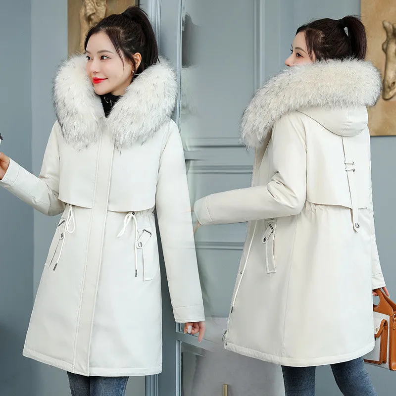 

New Simple Solid Parka Women Winter Down Cotton Coat Hooded Big Fur Collar Mid-length Korean Loose Thick Padded Jacket JD1695