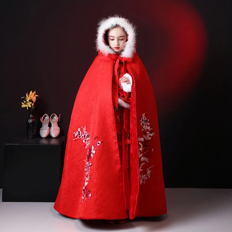 Hanfu/красная накидка для девочек новый зимний длинный плащ с вышивкой китайская