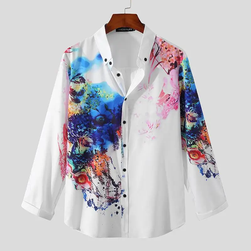 

Men's Shirt Spring New Men's Printed Lapel Long Sleeve Shirt Fashion Street Dress Casual Button Slim Fit Flower Shirt 2022