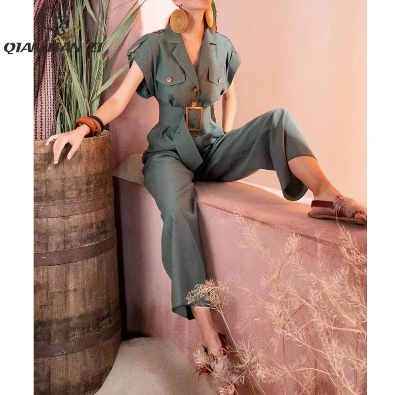 Qian Han Zi high-end fashion runway women's jumpsuit Lapel short sleeves vintage Buttons belt Cargo Pants Jumpsuits