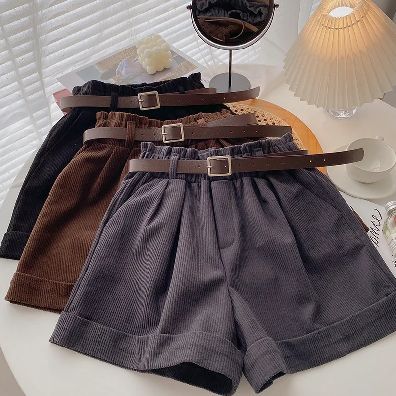 

High waist elastic corduroy shorts women autumn 2021 new Korean fashion casual black solid Shorts with belt womens shorts