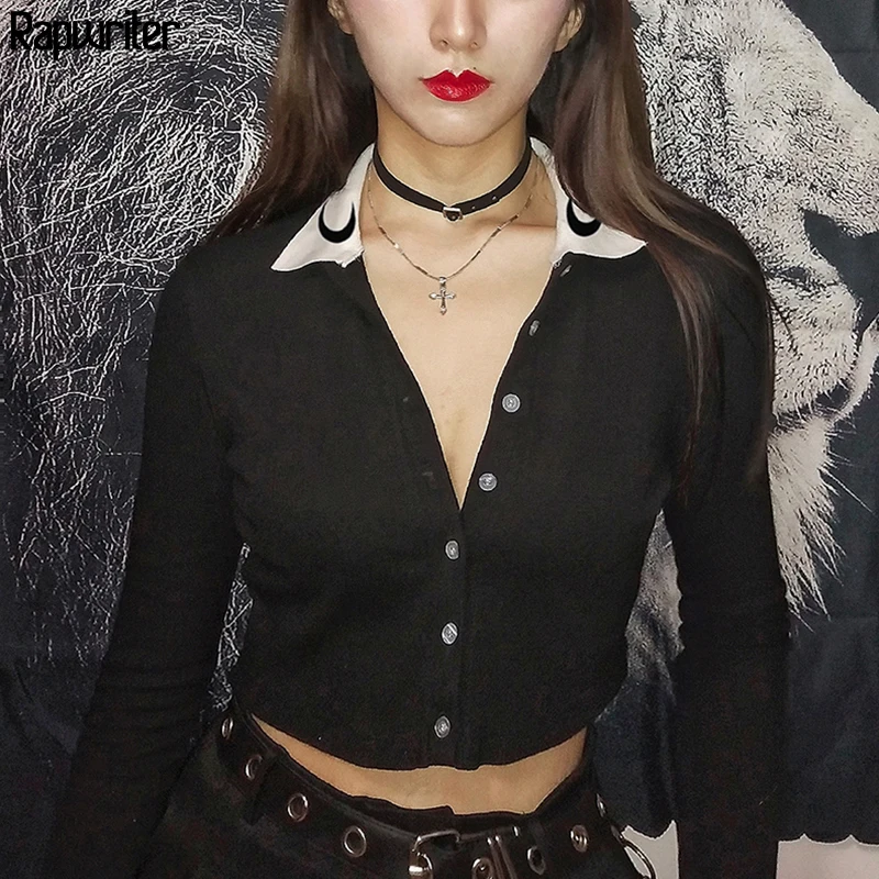 Rapwriter Повседневная футболка с длинным рукавом Harajuku Moon Graphic Basic для женщин, осень, уличная одежда с отложным воротником, Стрейчевые укороченные топы