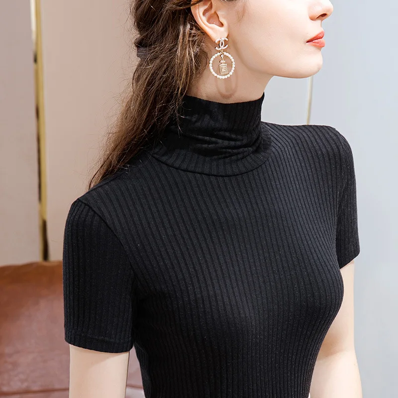 

High collar short sleeve T-shirt women's new autumn women's wear with pit stripe knitted bottomed shirt and tights