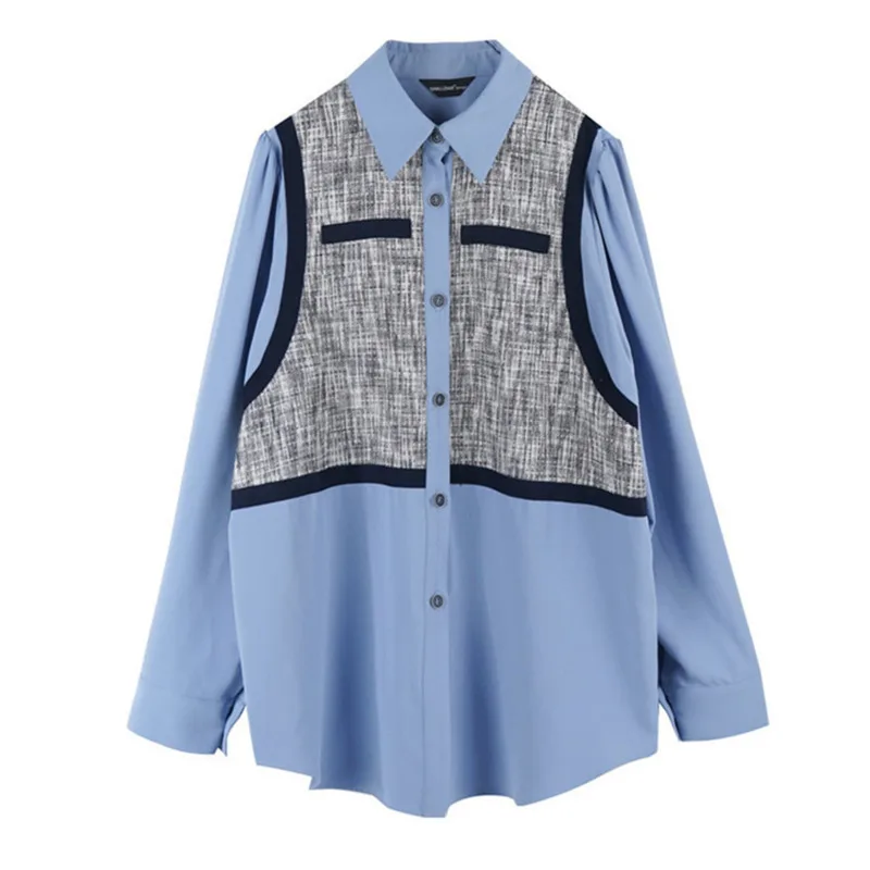 

LANMREM Blue Shirt For Women Autumn Summer Patchwork Shirts Long Sleeve Female All Match Fashion Tide Top 2D1454