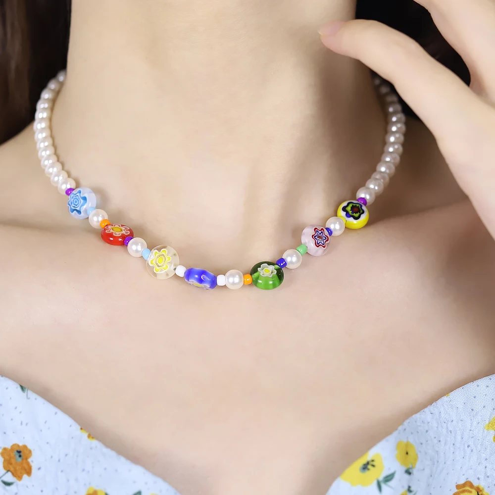 

Pearl Boho Multicolor Beaded Necklaces for Women Bohemian Costume Metal Chain Handmade Beads Flower Necklace Jewelry