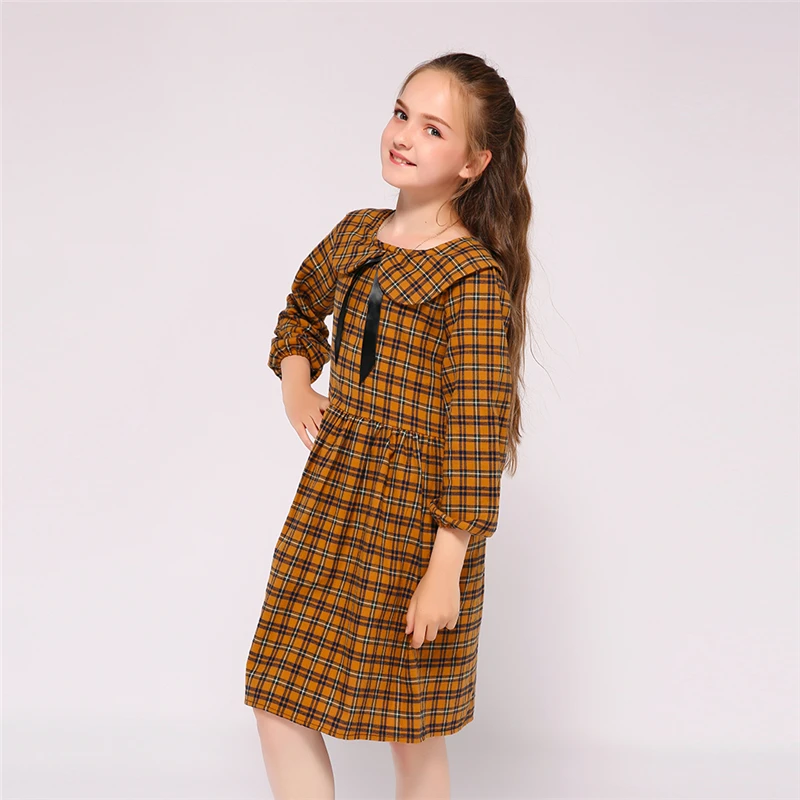 Kseniya Kids Wholesale Peter Pan Collar Bow Plaid Girl Dress Long Sleeve For 2 to 9 Years
