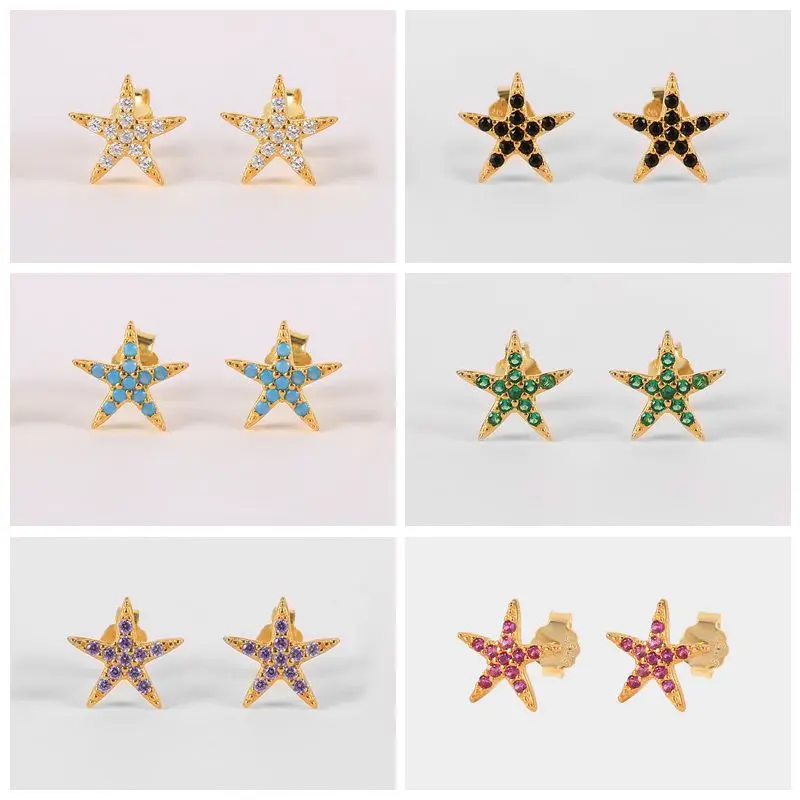 

MC 925 Silver Earrings Mini 11Pics Star Diamond Stud Earrings For Women 2021 Fancy Black/Green/Purple/Turquoise Earrings Aretes
