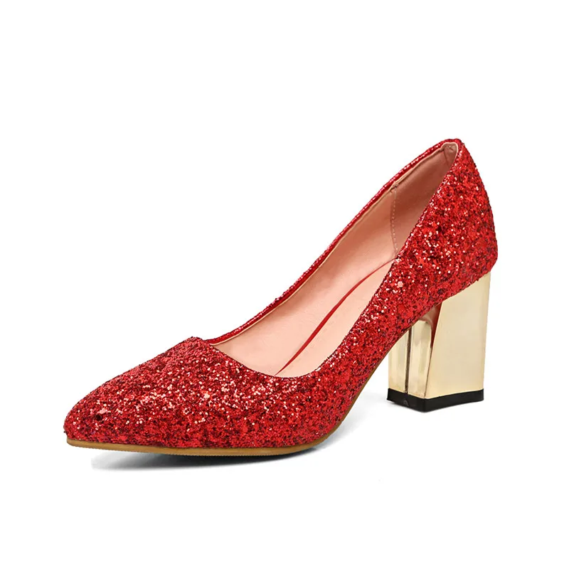 

2018 Summer Women Wedding Shoes Bride Silver Gold Red Crystal Glitter Chunky High Heel Pumps Ladies Party Shoes Big Size