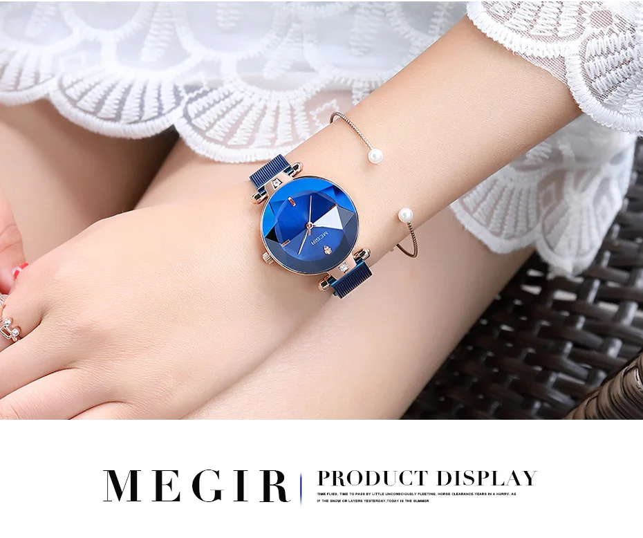 MEGIR роскошные женские часы Reloj Mujer синие сетчатые часы из нержавеющей стали элегантные женские часы-браслет женские часы