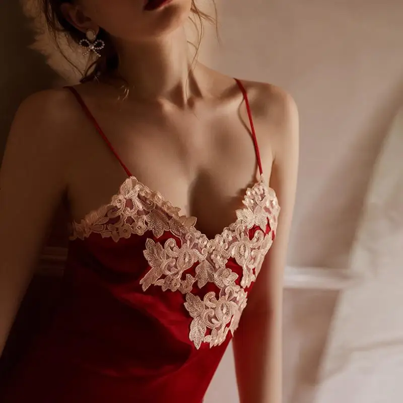 

Women's Night Dress Lace Embroidery Sexy Lingerie Sling V-Neck Nightie Satin Silk Sleepwear for Ladies Pink Nightwear Negligee