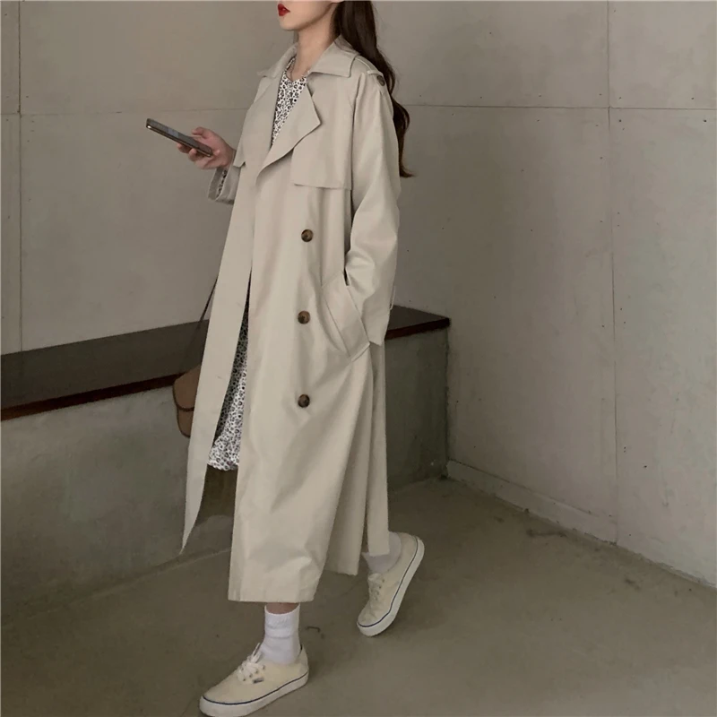 

New 2021 Double breasted Simple Classic Long Trench coat with belt Chic windbreaker British Loose Casual Long female 804i