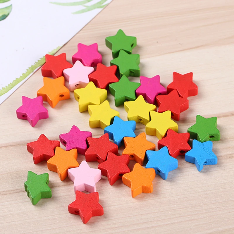 

100pcs Children Educational Toys Wooden Stars Shaped Cartoon Multicolor Beads Handmade Accessoriess For DIY Craft Jewelry Making