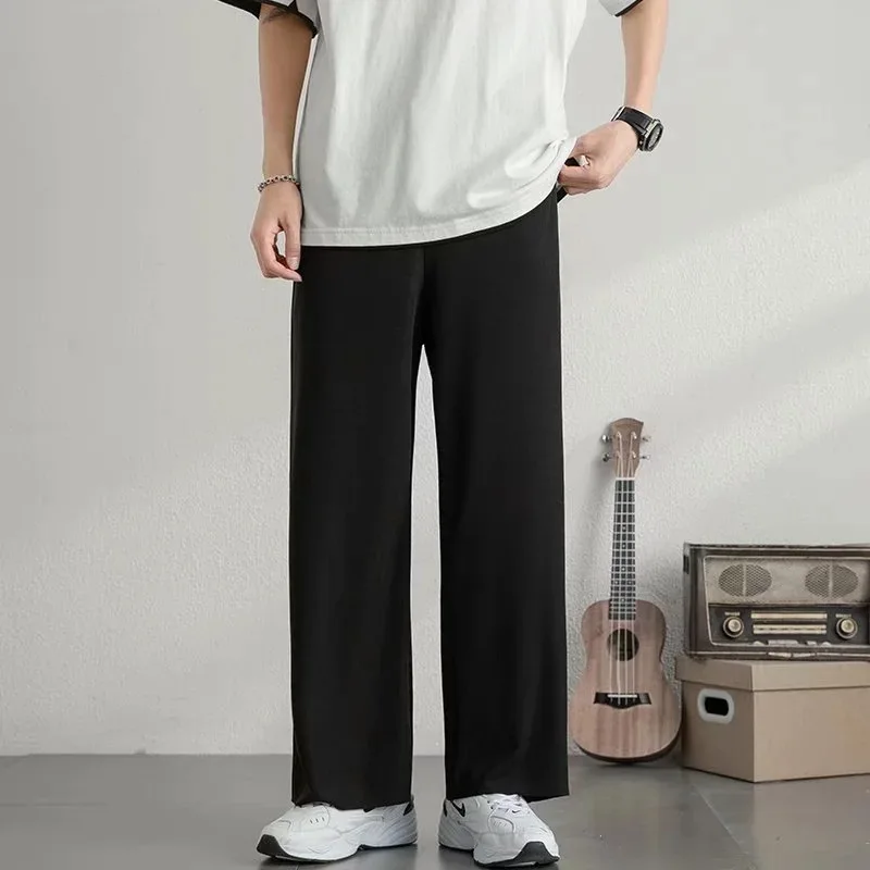 

Summer Ice Silk Pants Men's Fashion Khaki Black Casual Pants Men Streetwear Korean Loose Straight Wide Leg Pants Mens Trousers