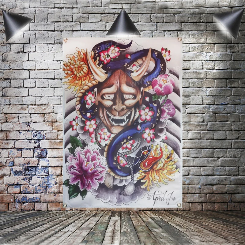 Цветок череп Японский тату плакат флаг женский подвесной 4 люверса в углах 3*5