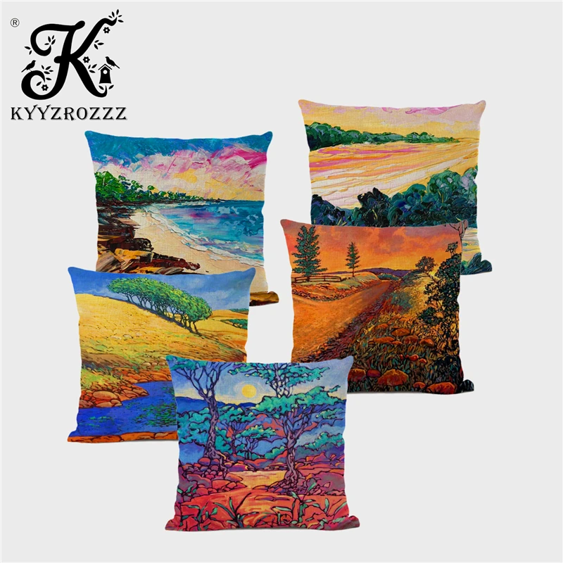 Декоративная наволочка для подушки картина маслом садовый лес деревья река