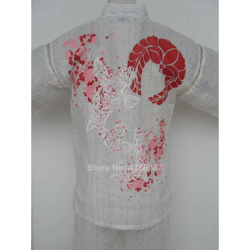 

Traditional Japanese Kimono Clothing for Men Thin Cotton Sauna Wear Yukata Sleepwear KOI Ukiyo-e Print Short Sleeve Pajamas Set