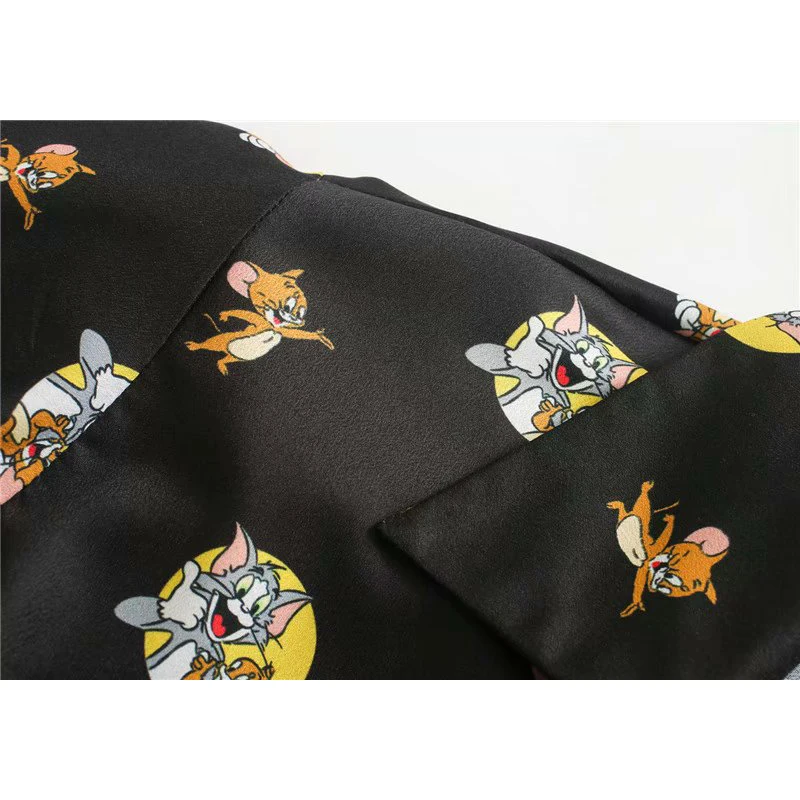 Women shirt za 2020 carton mouse and cat print V neck blouse vintage long sleeve bow blusa feminina casual plus size womens tops | Женская