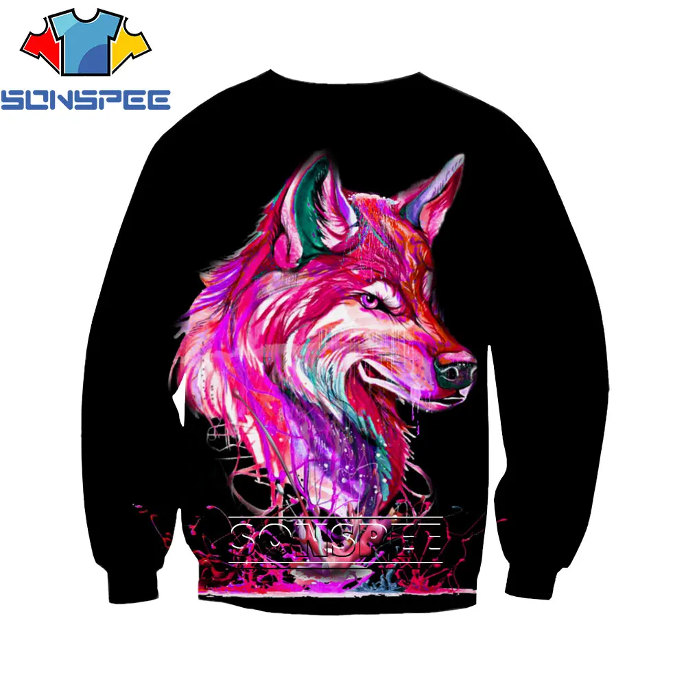 

SONSPEE 3D Pink Wolf Print Round Neck Sweatshirt Spring And Autumn Men's Loose Top Casual Fashion Trend Men's Clothing