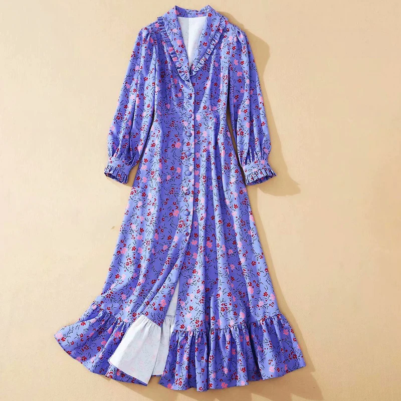 

QUALITY New HIGH Fashion 2021 Runway Dress Women's Turn-down Collar puff sleeve Ruffles Floral Print shirt Dress