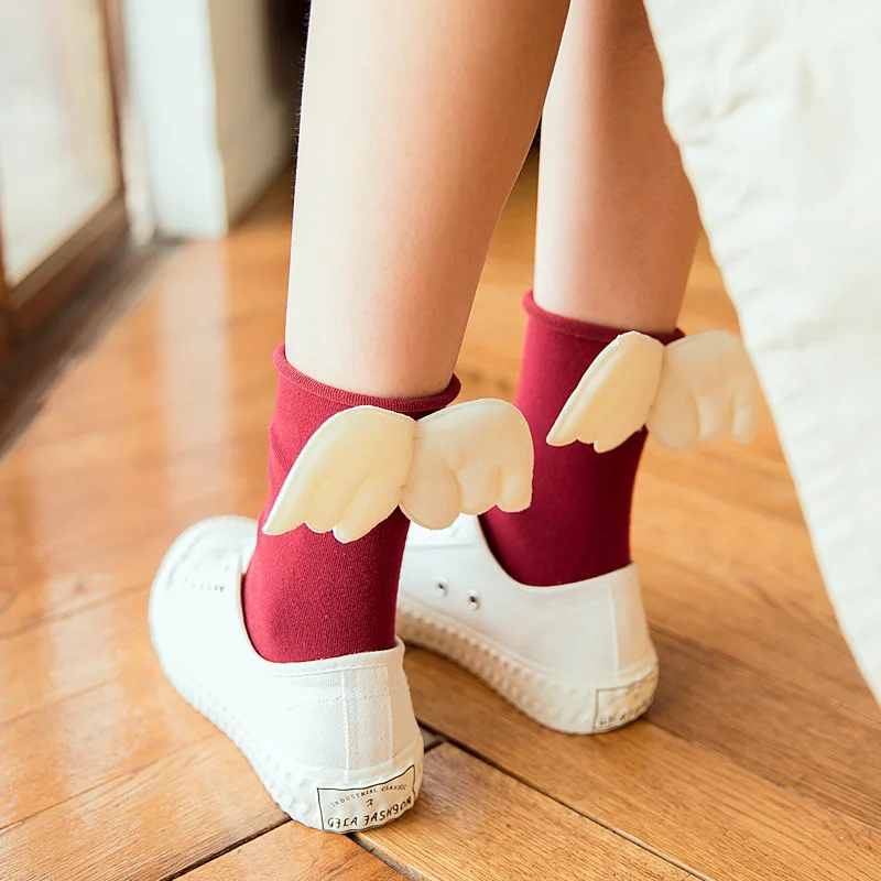 3D Angel wing socks for girls women Sweet Kawaii Student Soft Cotton Princess Socks Solid Candy Color Middle tube Curling