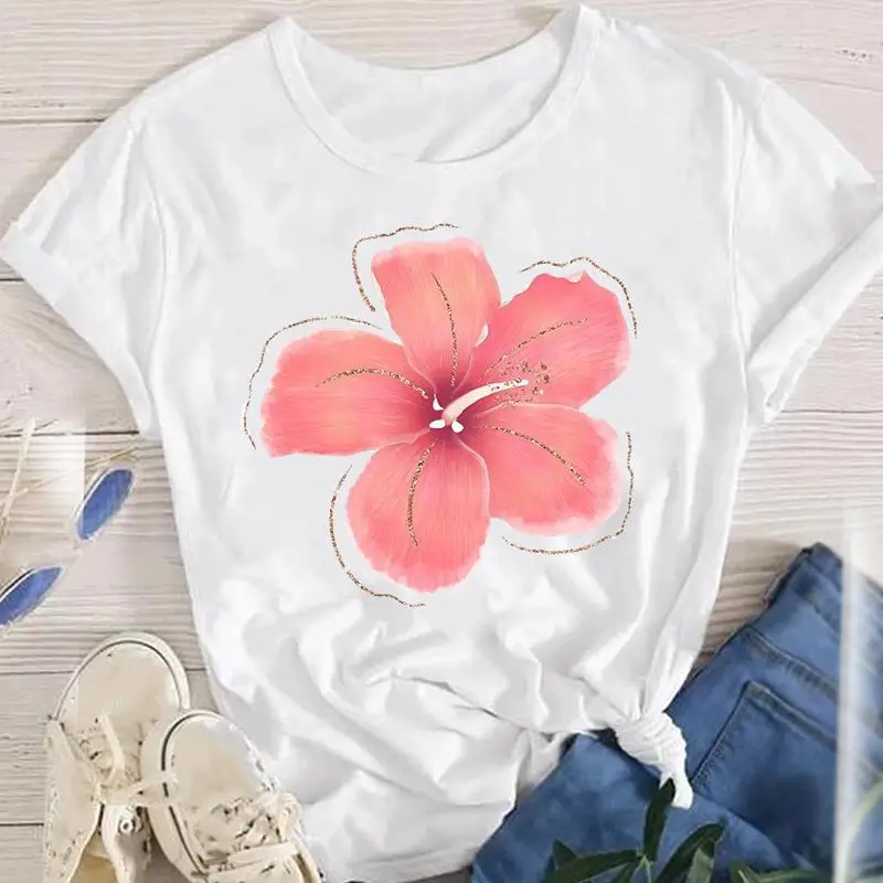 

Футболка женская с коротким рукавом, модная мультяшная одежда с цветочным принтом, милый обычный Топ с графическим принтом