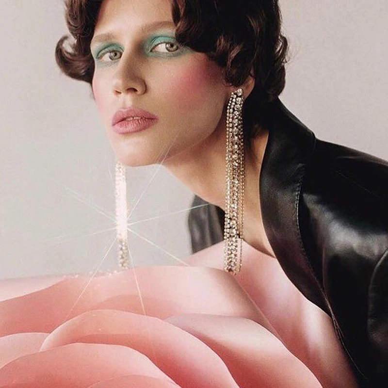 Женские стеклянные серьги с кисточками и кристаллами большие висячие Висячие