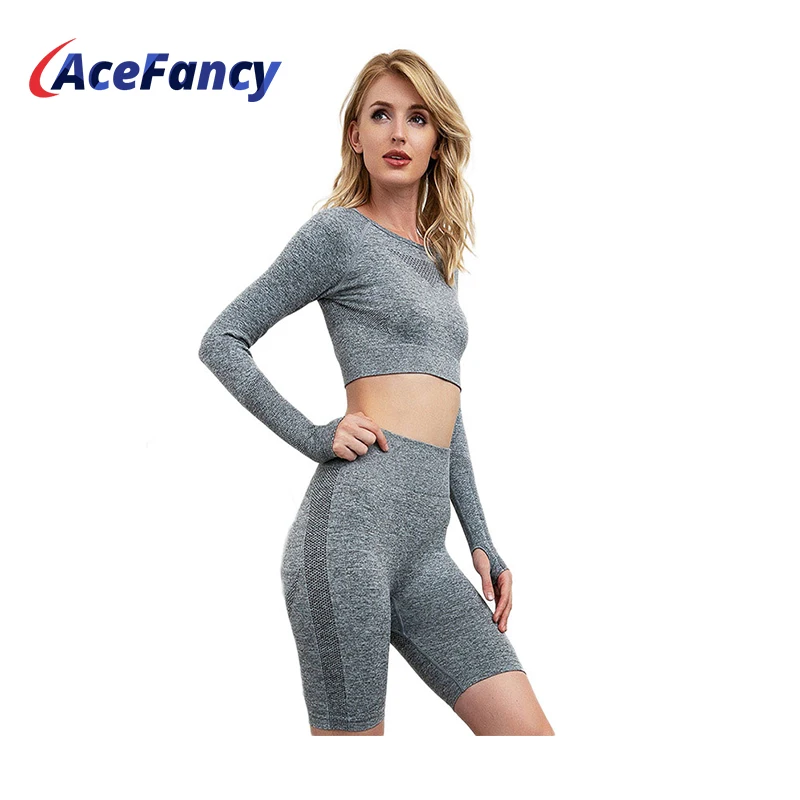 

Yoga Sets Women Gym Clothes 2782C Breathable Long Sleeve Crop Top Super Stretchy Gym Shorts/ Leggings Gym Set Women Fitness Suit