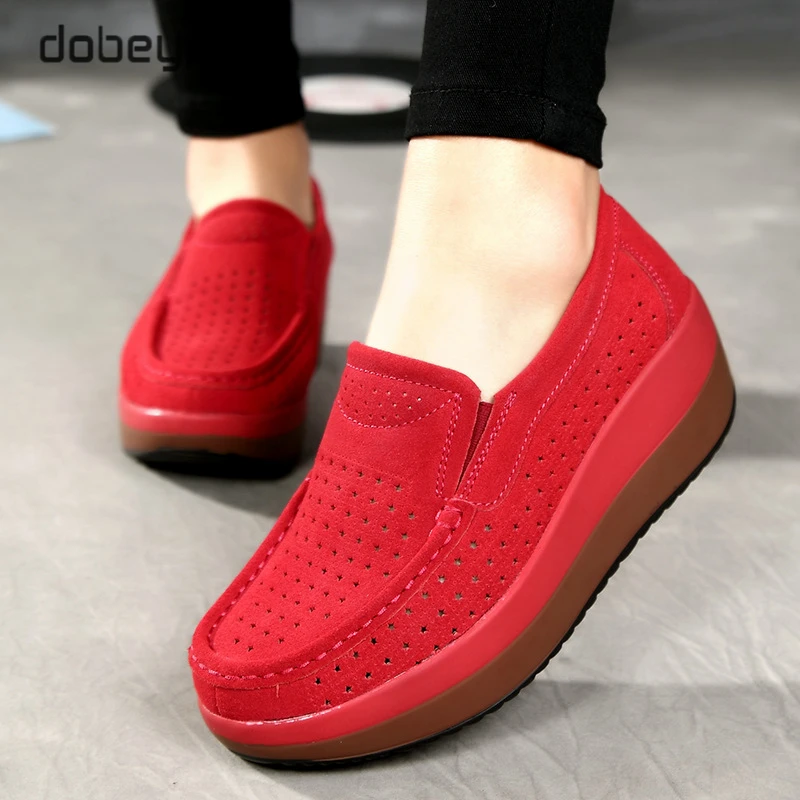 Breathable Summer Women's Shoes Flat Platform Ladies Sneakers Female Hollows Cow Suede Leather Woman Loafers Wedges Slip On Shoe