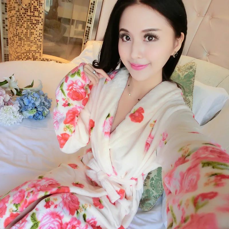 Women Winter Warm Sleepwear Robe Kimono Gown Lady Coral Fleece Nightwear Home Cothing Flannel Long Sleeve Homewear Nightdress | Женская