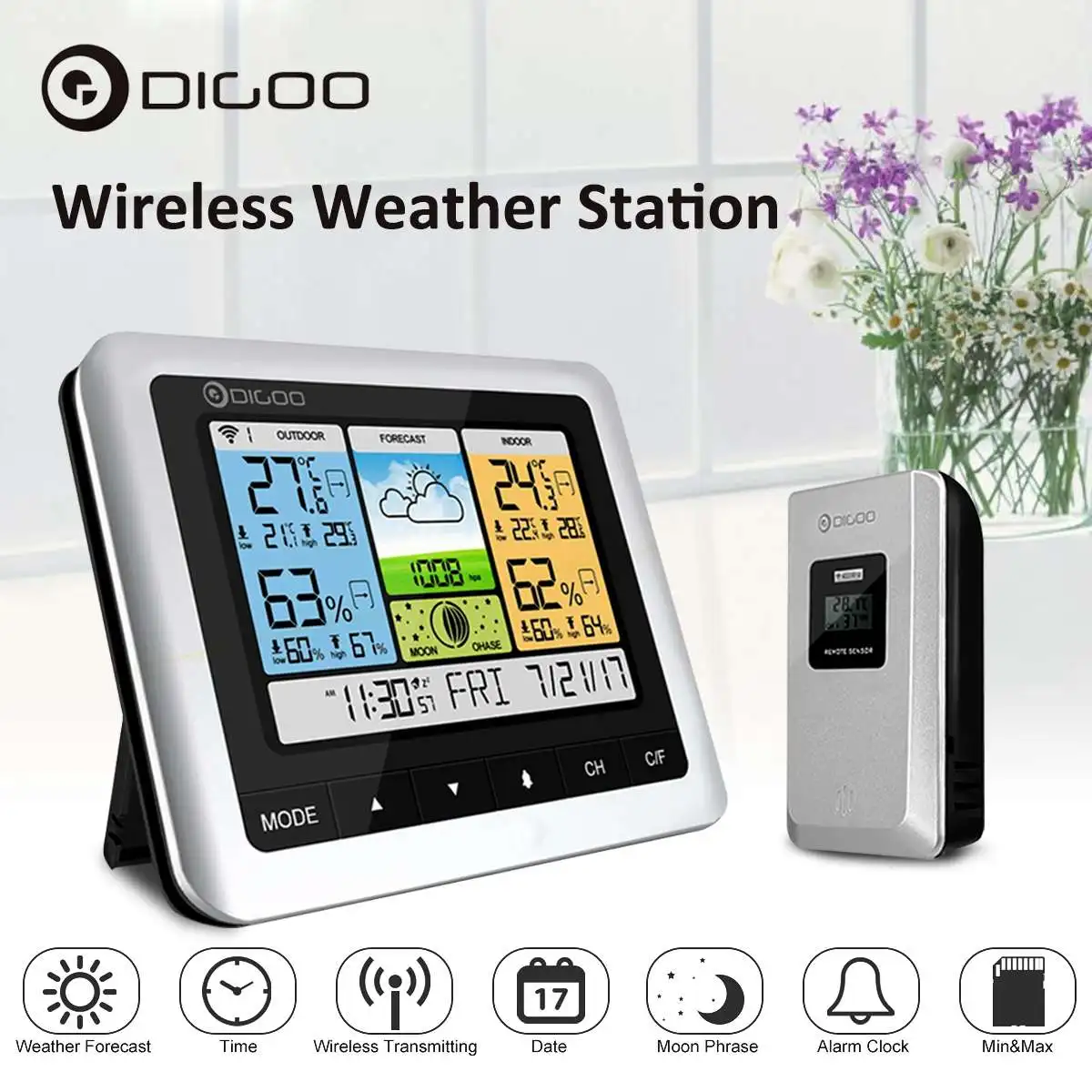 Digoo DG TH8888 открытый часы/Погодная станция + погоды Сенсор USB Беспроводной цифровой термометр измеритель влажности 3CH Луна фразу
