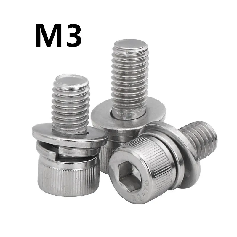 

100pcs/lot M3x6/8/10/12/14/16mm Stainless steel hex socket cap screw bolt with washer three combination sems screws