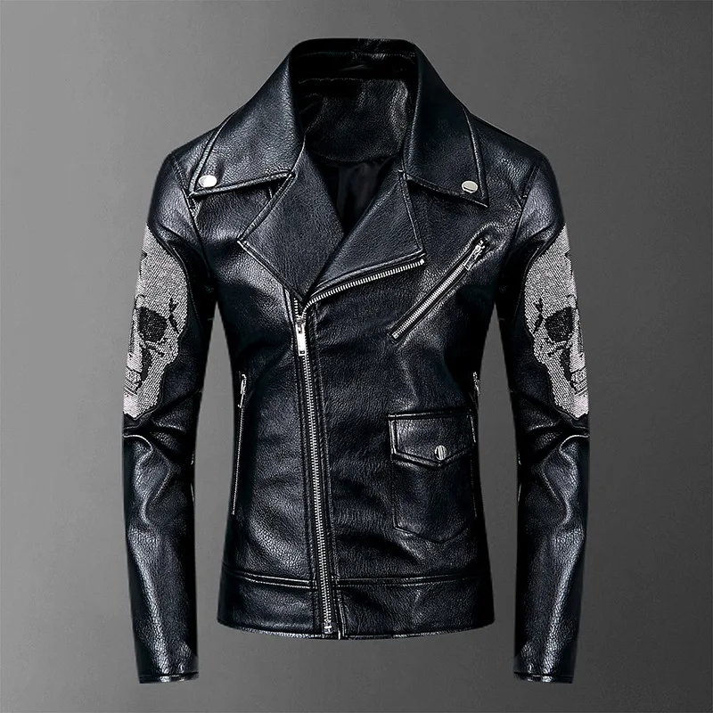 

New 2021 Men Rib Sleeve PU leather Diamonds Skull Head zipper couple Baseball Coats & Jackets Abstract digital coat Motor #D8