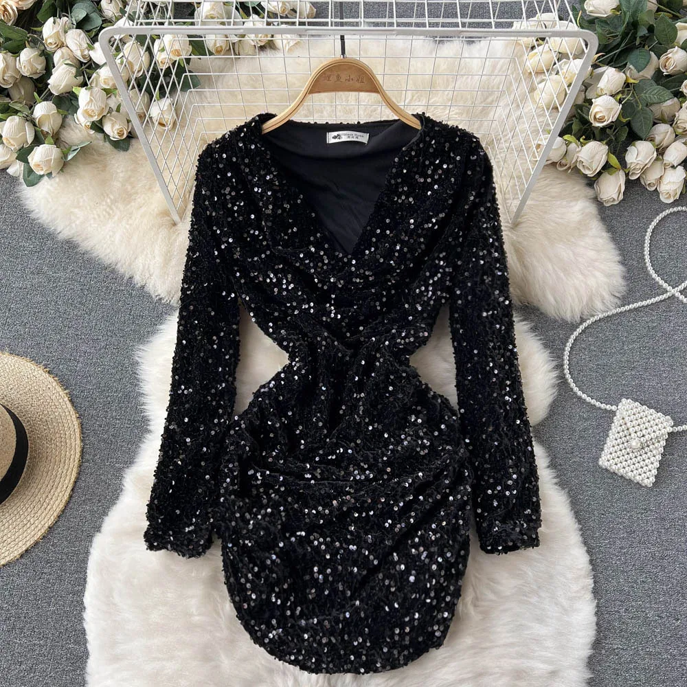 

C921 Sexy V-neck Sequin Party Short Package Hip Dress Long Sleeve Thin Hip Wrap Black Clothes Vestidos