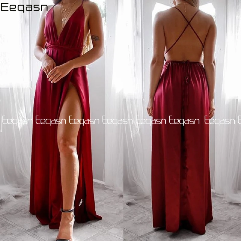 

Вечернее платье-трапеция Eeqasn, бордовое, для выпускного вечера, без рукавов, с V-образным вырезом, с открытой спиной, с разрезом