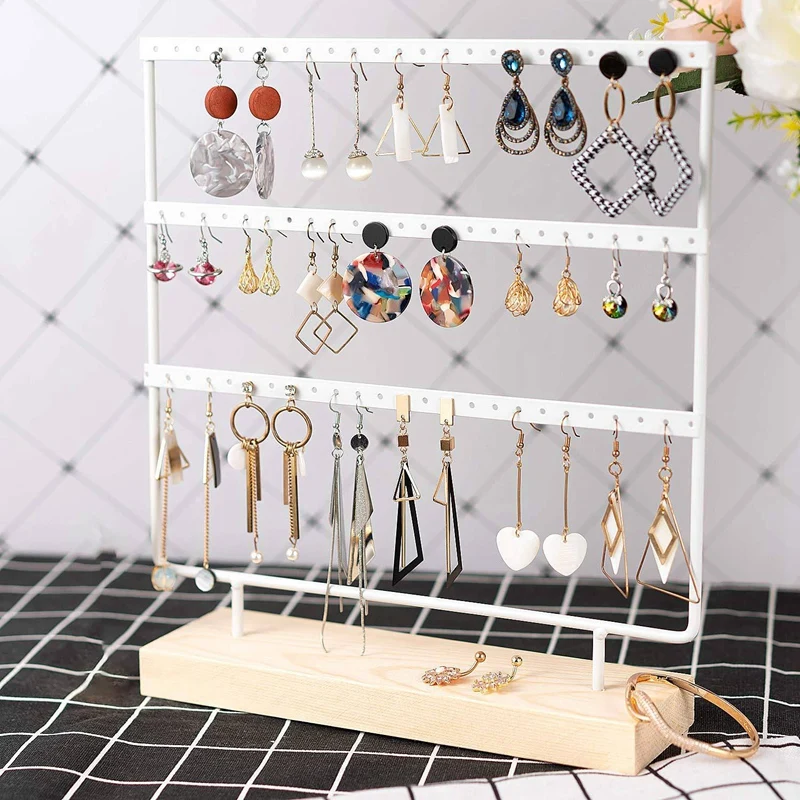 

Earring Stand 3-Tier Earring Holder Ear Stud Holder Decorative Jewelry Holder Display Rack Jewelry Stand Display with Wooden Tra
