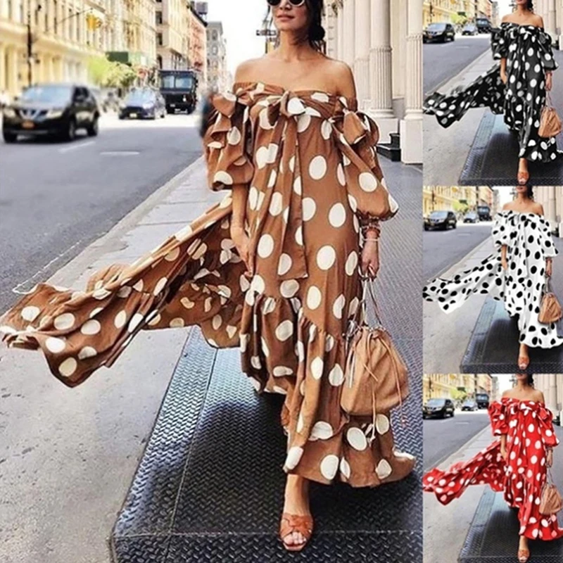 Плиссированное платье в горошек Boho летнее пляжное макси с открытыми плечами 2020