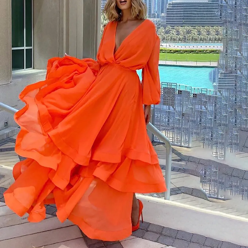 

Western Fashion Cake Maxi Dress Sexy V-neck Long Sleeve Pleated Patchwork Mid Waist Zipper Elegant Travel Look For Female Dress