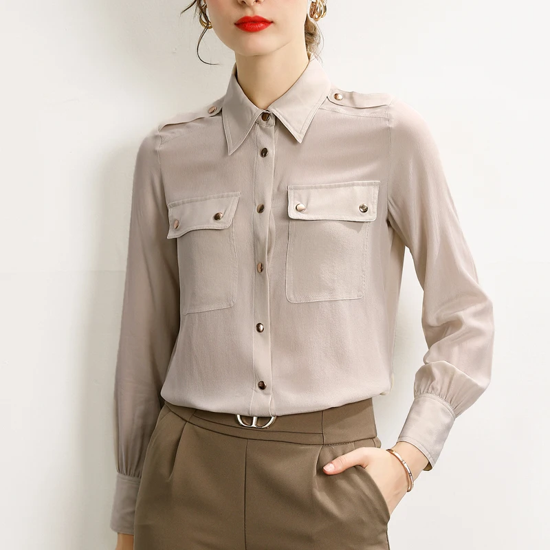 

Рубашка женская из 100% натурального шелка, Повседневная модная блузка с отложным воротником и длинными рукавами, с карманами спереди