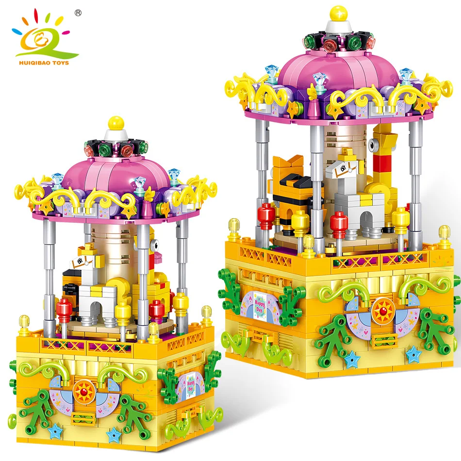 

HUIQIBAO 607pcs Idea Carousel Model Rotating Music Box Building Blocks Cteation City Bricks Toy for Children New Year Decoration