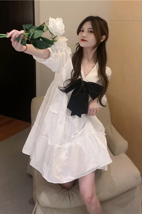 

COIGARSAM Loose Women dress Bow High Waist V-Neck Dresses 9635