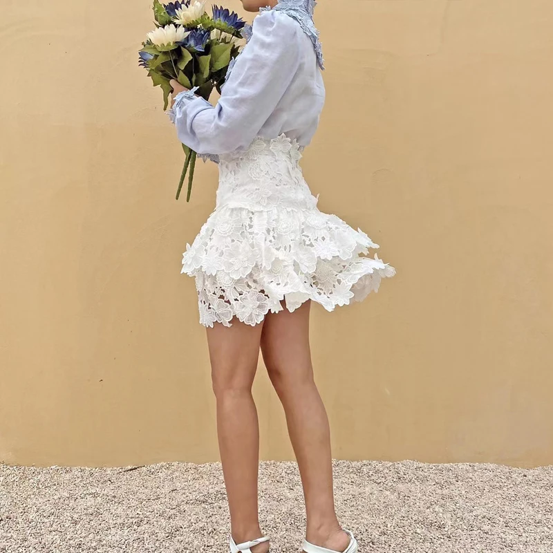 

Women Silk Linen Skirt Set 2021 Spring Summer Women Two Piece Suit Water Soluble Flower Tri-Dimensional Hollow Out EmbroideryTop