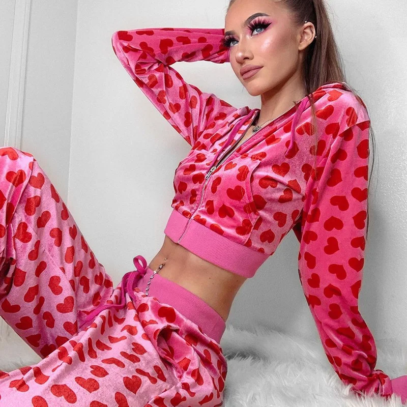 

Sylph Casual Set Women 2 Pieces Fashion Love Printed Two Piece Sets Drawstring Zipper Hooded Crop Top High Waist Trouser Suits