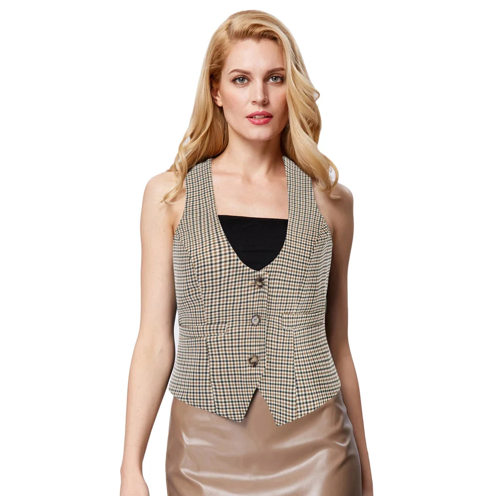 

Women Plaided Vest Stylish V Neck Vintage Waistcoat Casual Autumn Top Slim Fit Vest For Business Office Ladies Formal Work Wear