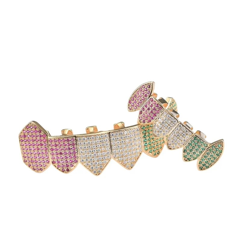 Хип-хоп многоцветные зубные колпачки Fang с фианитом сверху и снизу набор грилей